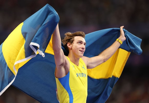 PARIS, FRANCE - AUGUST 05: Armand Duplantis of Team Sweden celebrates winning the Pole Vault on day ten of the Olympic Games Paris 2024 at Stade de France on August 05, 2024 in Paris, France. (Photo b ...