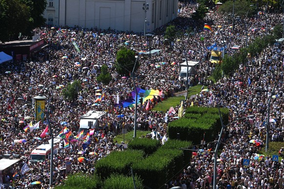 epa12202998 Participants attend the Budapest Pride march in Budapest, Hungary, 28 June 2025. Thousands of people gathered at the Pride march despite a law passed earlier this year banning Pride events ...
