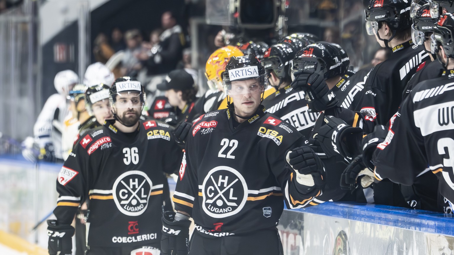 Lugano&#039;s player Santeri Alatalo, celebrate 1-0 gool, during the Play-in game of National League A (NLA) Swiss Championship 2023/24 between, HC Lugano against HC Ambri Piotta, at the ice stadium C ...