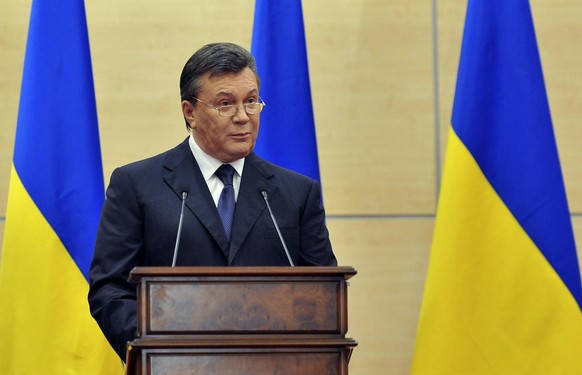 Ukraine&#039;s fugitive president, Viktor Yanukovych speaks to the media in Rostov-on-Don, Russia, Tuesday March 11, 2014. Yanukovych repeated the Russian claim that the new Ukrainian authorities are  ...