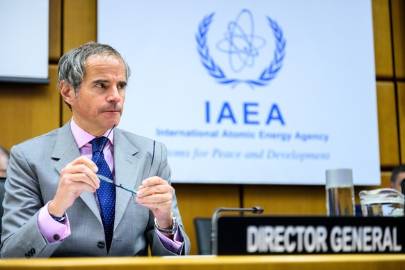 epa11272481 Director General of the International Atomic Energy Agency (IAEA) Rafael Mariano Grossi attends a press conference during an IAEA Board of Governors meeting at the IAEA headquarters of the ...