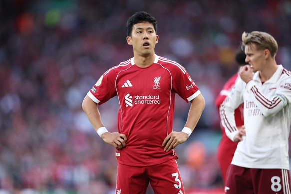 epa12341038 Wataru Endo of Liverpool looks on during the English Premier League soccer match between Liverpool FC and Arsenal FC, in Liverpool, Britain, 31 August 2025. EPA/ADAM VAUGHAN EDITORIAL USE  ...