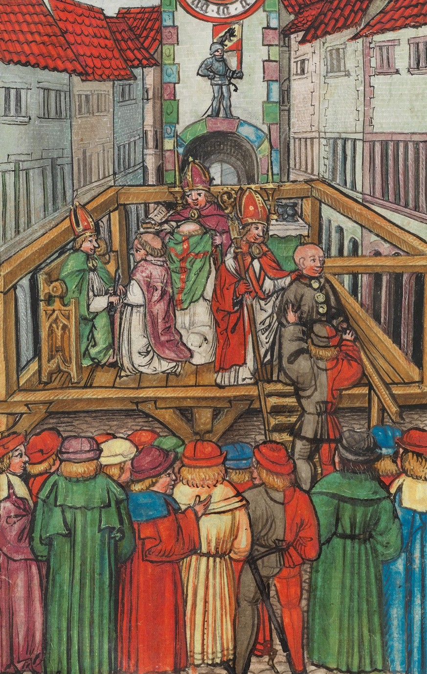 Les quatre dominicains, défroqués et remis au bras séculier le 23 mai 1509 sur la Kreuzgasse à Berne (la Tour de l’Horloge est visible à l’arrière-plan).
https://www.e-codices.unifr.ch/fr/kol/S0023-2/ ...