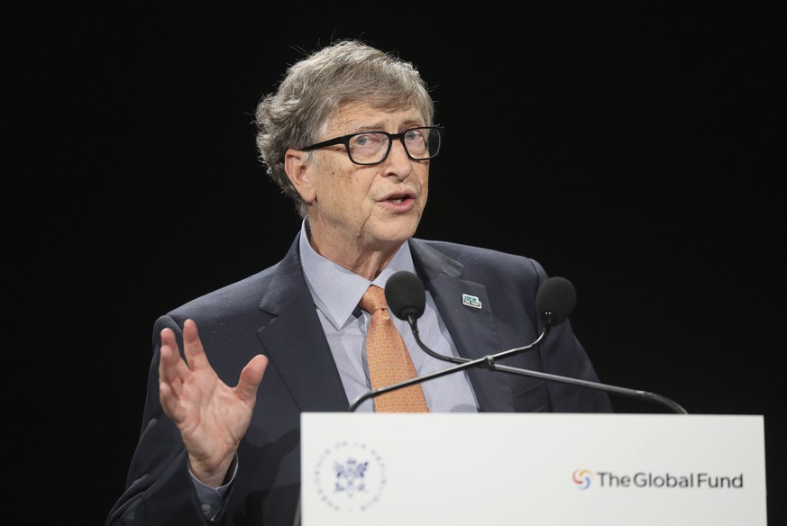 FILE - In this Oct. 10, 2019 file photo, philanthropist and Co-Chairman of the Bill &amp; Melinda Gates Foundation Bill Gates gestures as he speaks to the audience during the Global Fund to Fight AIDS ...