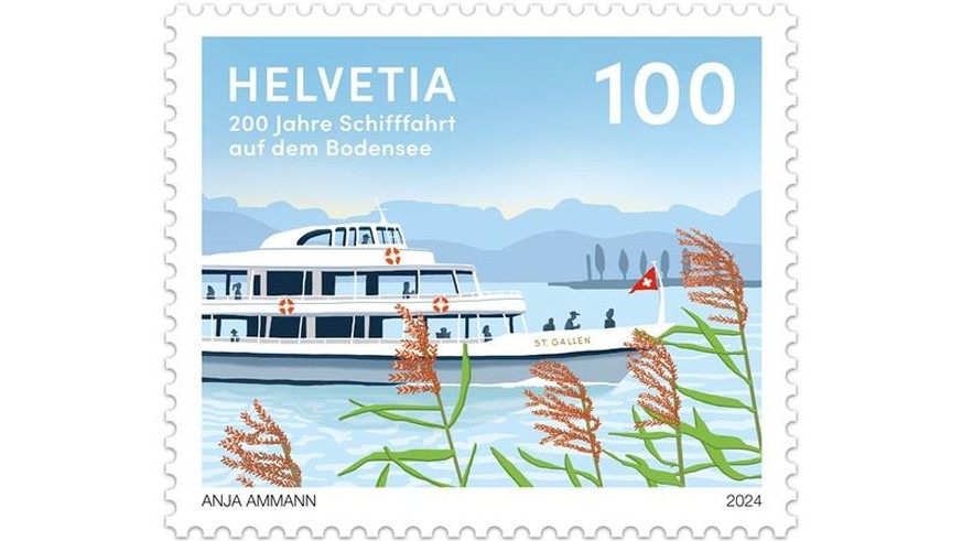 Ce timbre spécial célèbre la mise en service du premier bateau à vapeur sur le lac de Constance.