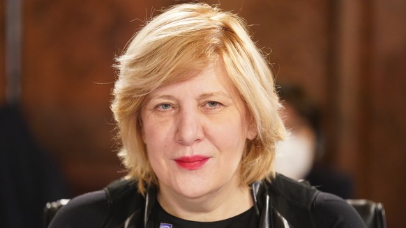 epa09217616 Dunja Mijatovic, Commissioner for Human Rights of the Council of Europe attends the 131st meeting of the Committee of Ministers of the Council of Europe at City Hall in Hamburg, Germany, 2 ...
