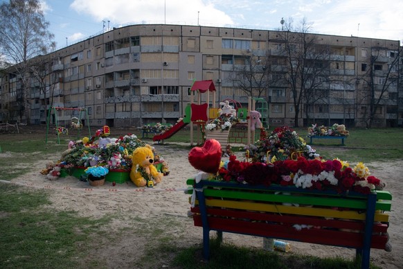 This photograph shows toys placed on the playground of a residential buildings in Kryvyi Rig, Dnipropetrovsk region, on April 7, 2025, amid the Russian invasion of Ukraine. A Russian missile strike on ...