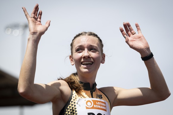 epa11477275 Femke Bol of the Netherlands reacts after setting a new European record in the 400 metres hurdles Women during the 44th edition of Resisprint International, at the Stade de la Charriere, i ...