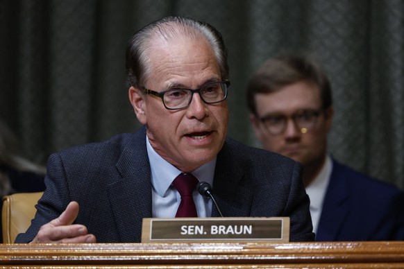 Sen. Mike Braun, R-Ind., speaks during a Senate Appropriations Subcommittee hearing on the fiscal year 2023 budget for the FBI in Washington, DC on Wednesday, May 25, 2022. (Ting Shen/Pool Photo via A ...