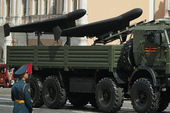 Geran-2 unmanned aerial vehicles are carrying by a truck during the Victory Day military parade in Moscow, Russia, Friday, May 9, 2025, during celebrations of the 80th anniversary of the Soviet Union& ...