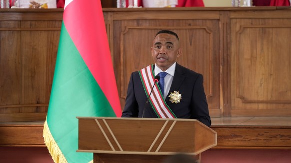 Col. Michael Randrianirina delivers his speech at the high constitutional court after being sworn in as president in Antananarivo, Madagascar, Friday, Oct. 17, 2025. (AP Photo/ Brian Inganga)
Madagasc ...