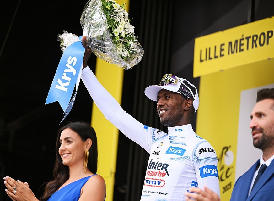 LILLE, FRANCE - JULY 05: Biniam Girmay of Eritrea and Team Intermarche - Wanty celebrates at podium as White best Young Rider Jersey winner during the 112th Tour de France 2025, Stage 1 a 184.9km stag ...