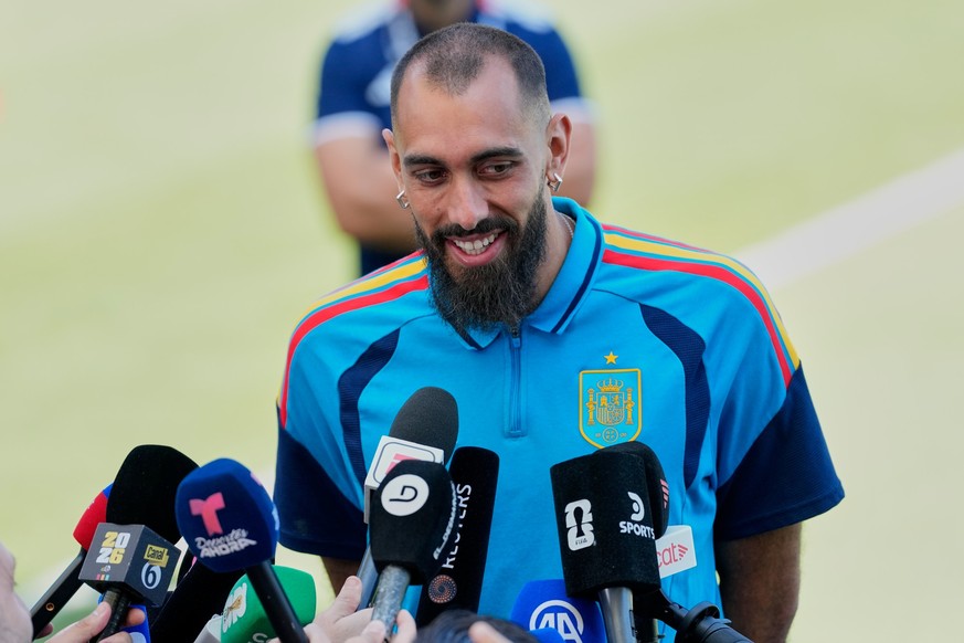Spain's Borja Iglesias talks with the media before a training session ahead of a World Cup quarterfinal soccer match against Belgium in Carson, Calif., Thursday, July 9, 2026. (AP Photo/Andre Pen ...