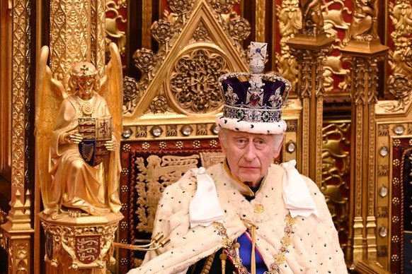 LONDON, ENGLAND - NOVEMBER 7: King Charles III attends the State Opening of Parliament in the House of Lords Chamber, on November 7, 2023 in London, England. The speech delivered by the monarch but wr ...
