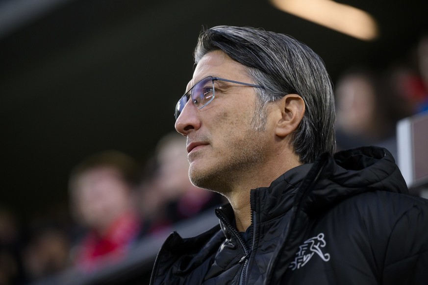 Switzerland&#039;s head coach Murat Yakin looks on during the UEFA Euro 2024 qualifying group I soccer match between Switzerland and Belarus, at the Kybunpark stadium in St. Gallen, Switzerland, Sunda ...