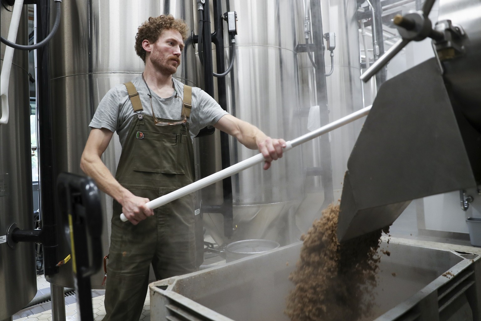 Brewer Scott Peterson retrieves spent grain from a lauterton while brewing a German-style Pilsner at Von Ebert Brewing in Portland, Ore., Sunday, Oct. 22, 2023. The craft brewery have had hops they de ...