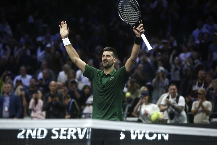 epa12508410 Novak Djokovic of Serbia celebrates after defeating Nuno Borges of Portugal (not pictured) during the Hellenic Championship ATP 250, in Athens, Greece, 06 November 2025. EPA/YANNIS KOLESID ...