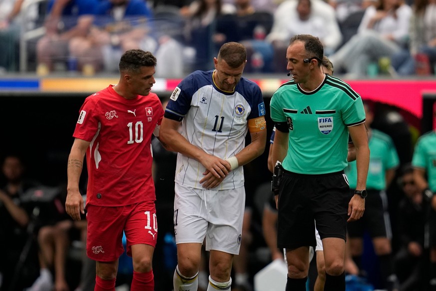 Switzerland's Granit Xhaka (10), left, and Referee Joao Pedro Silva Pinheiro, of Portugal speaks to Bosnia's Edin Dzeko (11) after his was injured during the World Cup Group B soccer match b ...