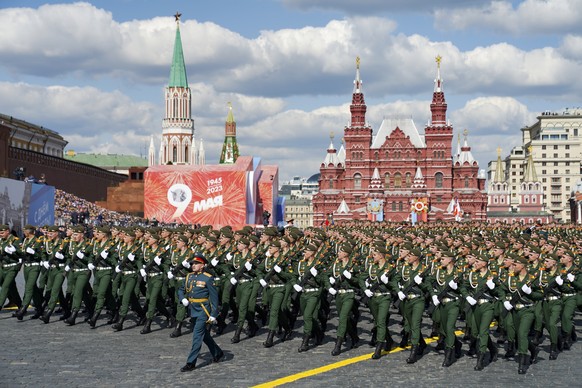 Russian soldiers march in Red Square during the Victory Day military parade in Moscow, Russia, Tuesday, May 9, 2023, marking the 78th anniversary of the end of World War II. (Pelagia Tikhonova , M24/M ...