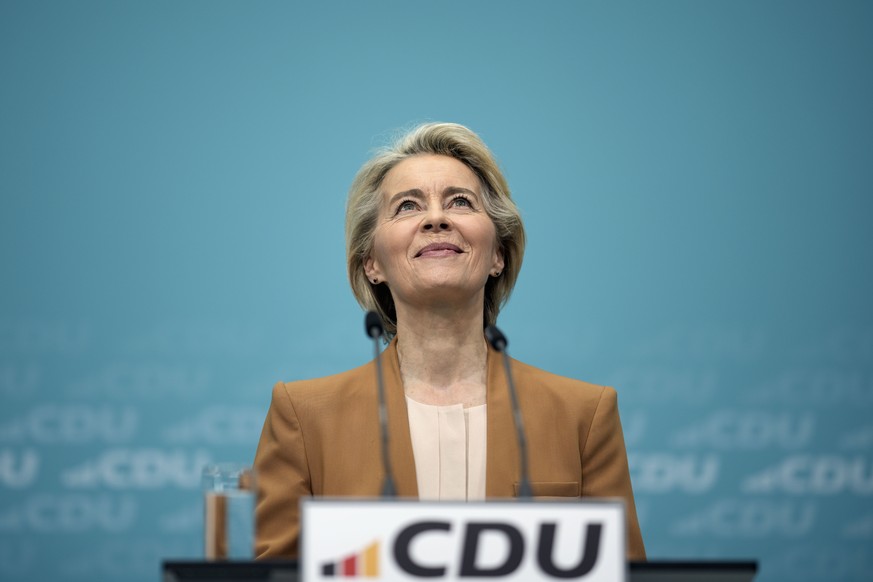 Ursula von der Leyen, President of the European Commission, looks up during a press conference after a board meeting of the Christian Democratic Union (CDU) in Berlin, Germany, Monday, Feb. 19, 2024.  ...