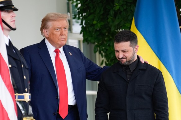 US President Donald Trump greets Ukrainian President Volodymyr Zelenskiy before their meeting with European Leaders at the White House in Washington on August 18, 2025. Photo by Yuri Gripas/Pool/Sipa  ...
