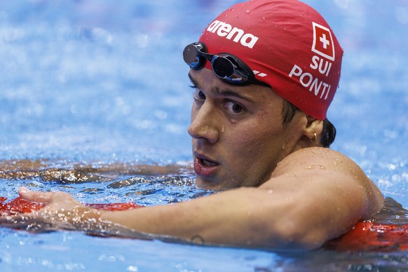 Noe Ponti reacts after competing in the Men&#039;s 100m Butterfly Final at the World Aquatics Swimming Championships in Fukuoka, Japan, on Saturday, July 29, 2023. (KEYSTONE/Patrick B. Kraemer)