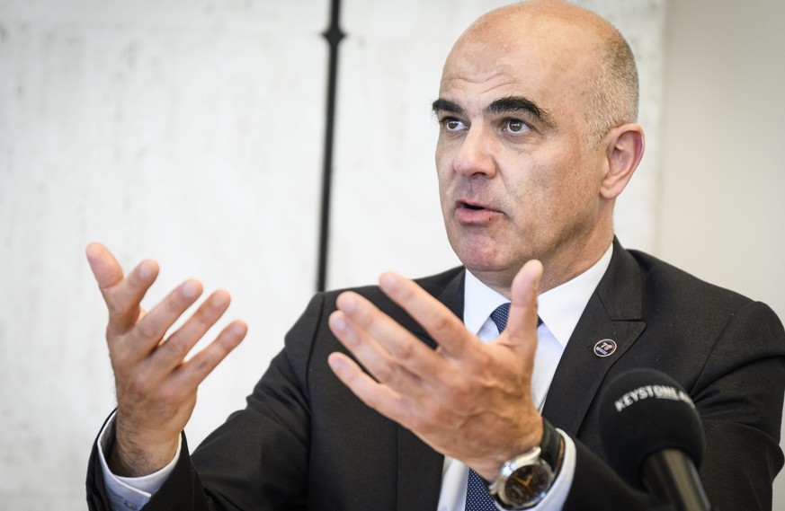 Switzerland&#039;s President Alain Berset speaks during a press conference after the opening of the 76th World Health Assembly (WHA) at the European headquarters of the United Nations in Geneva, Switz ...