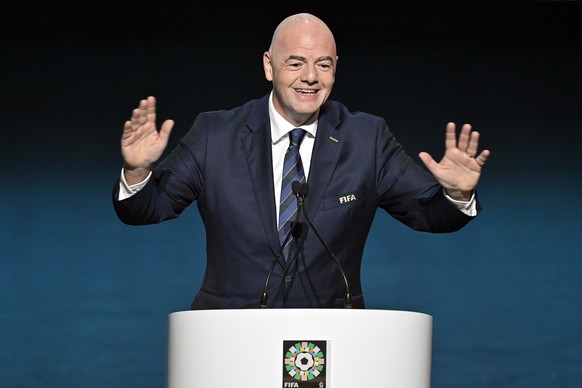 FIFA President Giovanni Infantino gestures as he speaks during the FIFA Women&#039;s World Cup 2023 draw in Auckland, New Zealand, Saturday. 22, 2022. (Alan Lee/Photosport via AP)