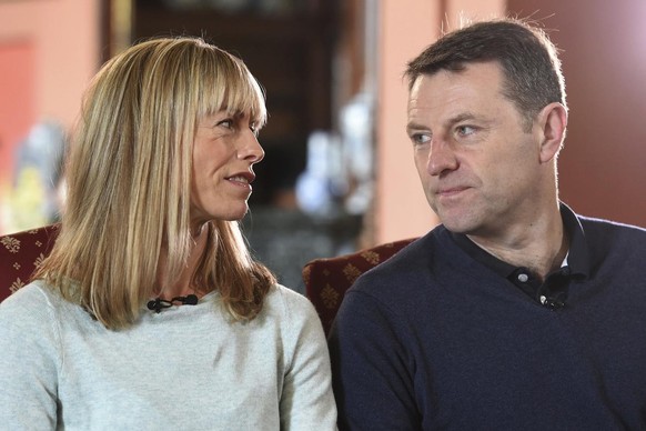 Kate and Gerry McCann, whose daughter Madeleine disappeared from a holiday flat in Portugal ten-years ago, react during a BBC TV interview in Loughborough, England, Friday April 28, 2017. The parents  ...