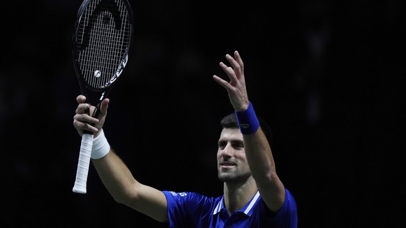 FILE - Serbia&#039;s Novak Djokovic after defeating Croatia&#039;s Marin Cilic during their Davis Cup tennis semi-final match at Madrid Arena in Madrid, Spain, on Dec. 3, 2021. Top-ranked Novak Djokov ...