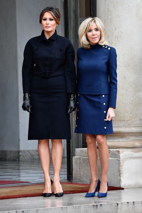 French President&#039;s wife Brigitte Macron welcome US First Lady at the Elysee Palace in Paris on November 10, 2018, on the sidelines of commemorations marking the 100th anniversary of the 11 Novemb ...