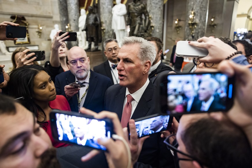 epaselect epa10391325 Republican Leader Kevin McCarthy speaks to the media as he leaves the House floor after another day of failed votes to become Speaker of the House in the US Capitol in Washington ...