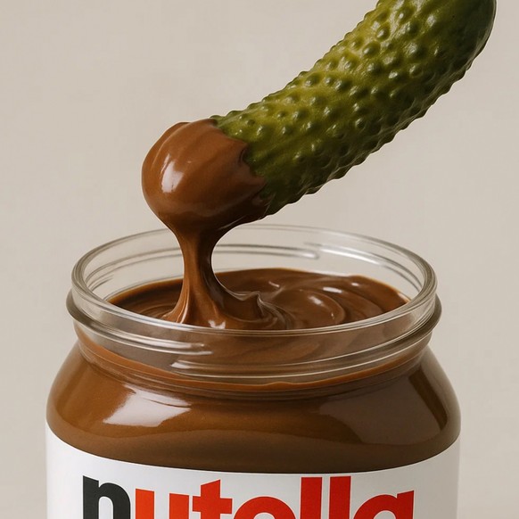 Un cornichon trempé dans du Nutella: Image generée par IA.