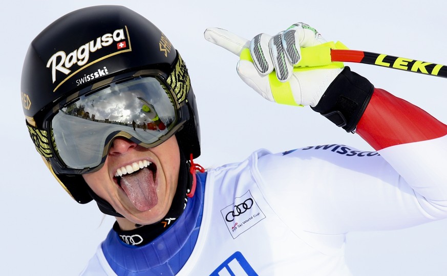 Switzerland&amp;#039;s Lara Gut gets to the finish area after completing an alpine ski, women&amp;#039;s World Cup super-G, in Cortina D&amp;#039;Ampezzo, Italy, Sunday Jan. 21, 2018. (AP Photo/Alessa ...