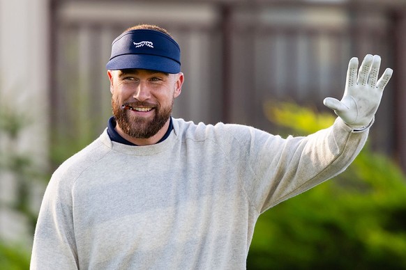 PEBBLE BEACH, CA - FEBRUARY 13: Travis Kelce waves before the start of the second round of the AT&amp;T Pebble Beach Pro-Am 2026 on February 13, 2026 at Pebble Beach Golf Links in Pebble Beach, CA. (P ...