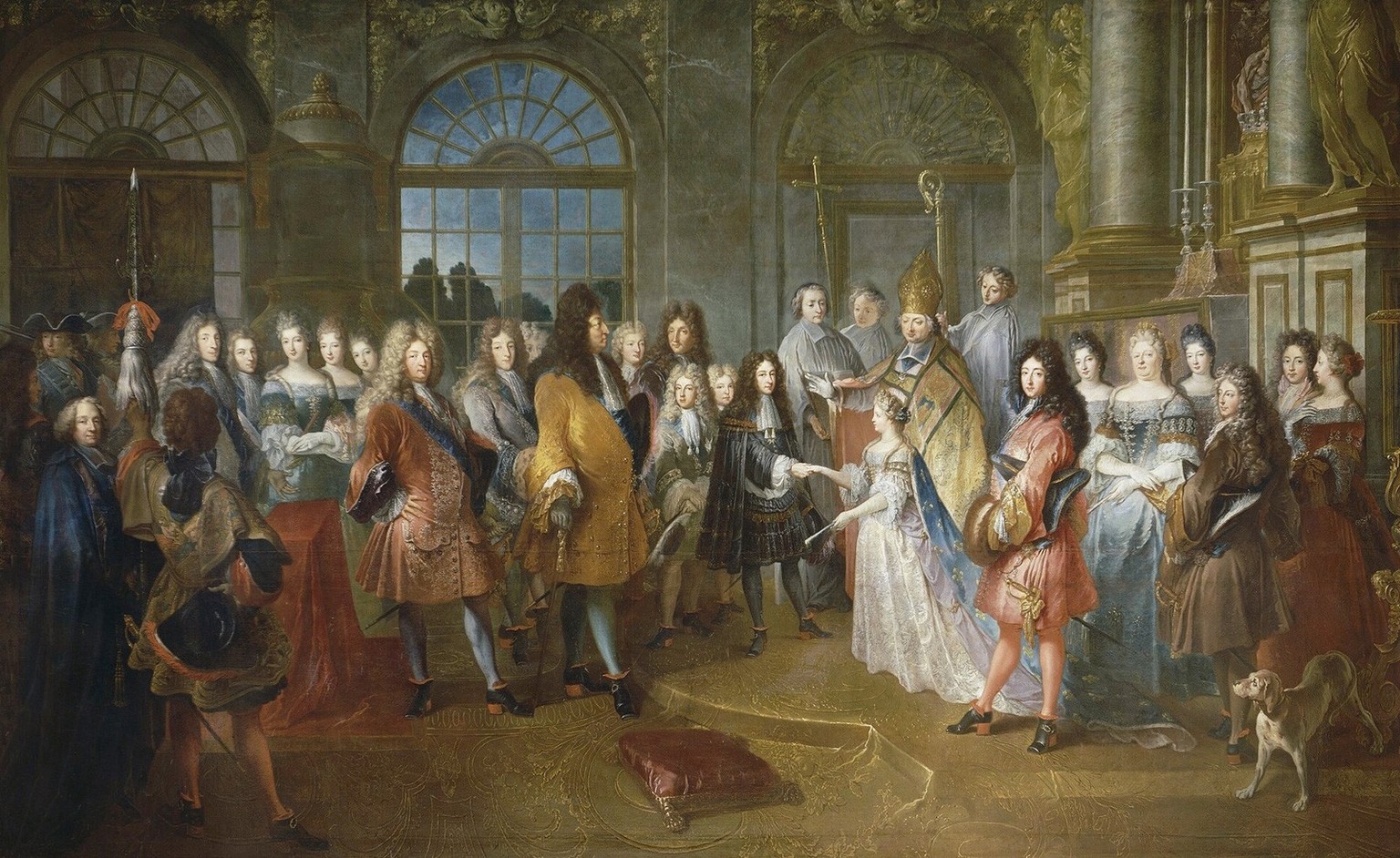 Mariage de Louis de France, duc de Bourgogne, et de Marie-Adélaïde de Savoie en 1697. À gauche: le roi Louis XIV et derrière lui, Louis le «Grand Dauphin», respectivement grand-père et père du marié.  ...
