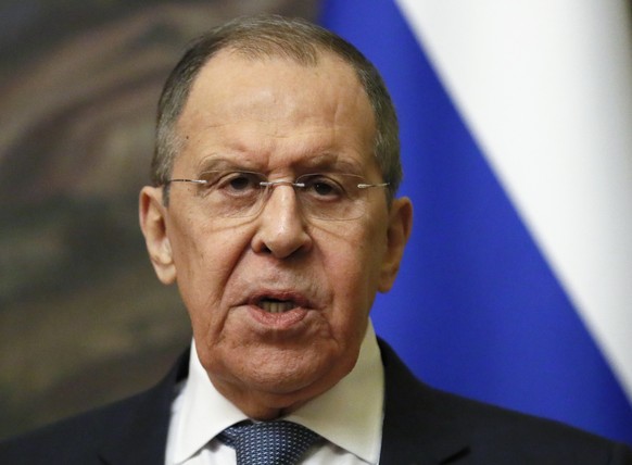 Russian Foreign Minister Sergey Lavrov attends a joint news conference with Eritrea Foreign Minister Osman Saleh Mohammed following their talks in Moscow, Russia, Wednesday, April 27, 2022. (Yuri Koch ...