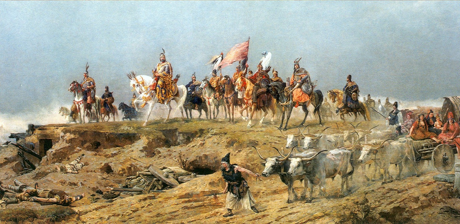 Représentation des sept chefs de guerre des Magyars datant de la fin du XIXe siècle.
https://de.wikipedia.org/wiki/Datei:Feszty_A_magyarok_bej%C3%B6vetele_(r%C3%A9szlet).jpg