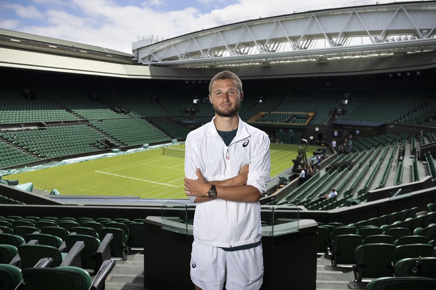 Caption Correction: Corrects Name: Leandro Riedi of Switzerland poses in the Centre Court after a meeting with the press ahead of the All England Lawn Tennis Championships in Wimbledon, London, Saturd ...