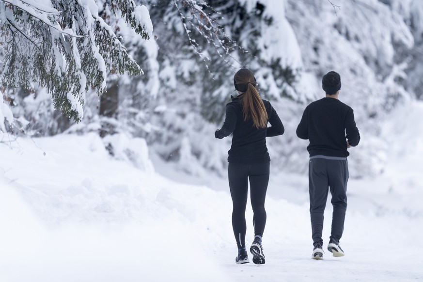 Zwei Jogger laufen im Schnee am Fuss des Uetlibergs am Freitag, 15. Januar 2021, in Zuerich. (KEYSTONE/Gaetan Bally)