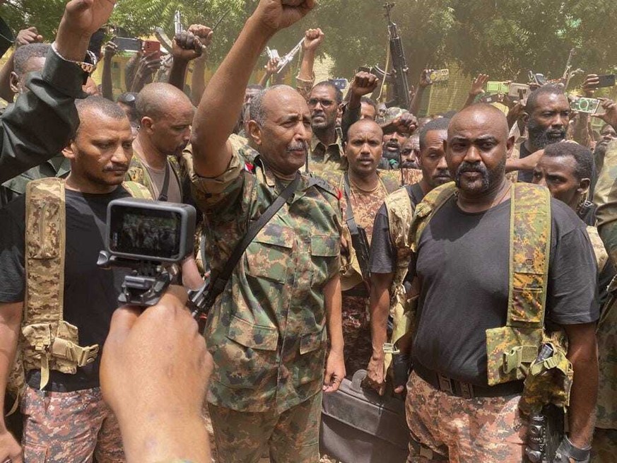 In this photo released by the Sudanese Army on Tuesday, May 30, 2023, Gen. Abdel-Fattah Burhan visits the troops in Khartoum, Sudan. (Sudanese Army via AP)