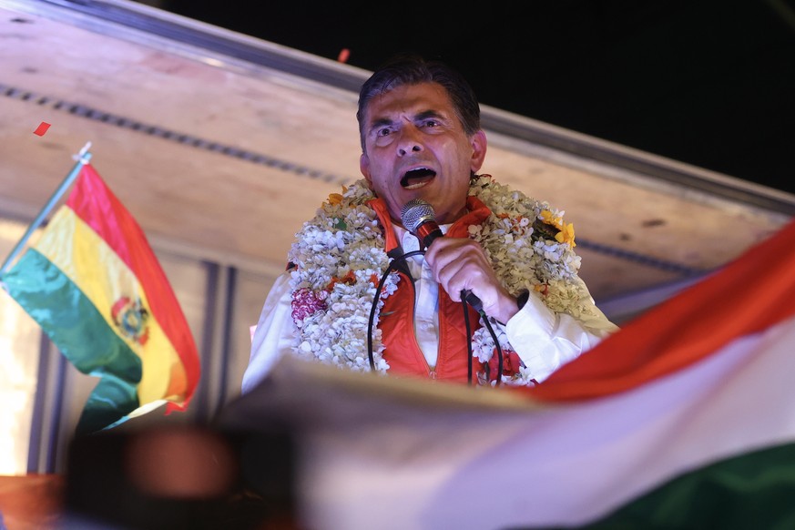 epa12466361 Centrist Senator Rodrigo Paz Pereira delivers a speech in La Paz, Bolivia, 19 October 2025. Paz expressed his gratitude for the support he received in winning Bolivia&#039;s unprecedented  ...