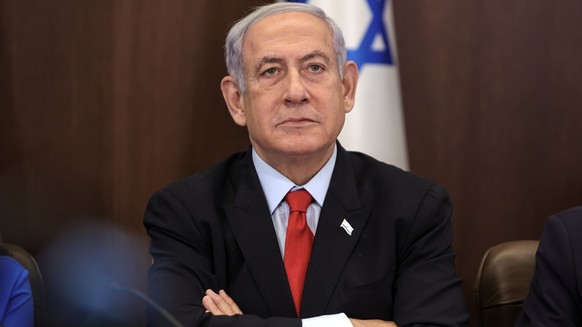 epa10776684 Israeli Prime Minister Benjamin Netanyahu attends the weekly cabinet meeting at the prime minister&#039;s office in Jerusalem, 30 July 2023. EPA/ABIR SULTAN / POOL