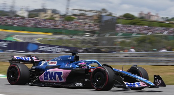 Alpine driver Fernando Alonso, of Spain, steers his car during the second practice session at the Interlagos race track in Sao Paulo, Brazil, Saturday, Nov. 12, 2022. The Brazilian Formula One Grand P ...