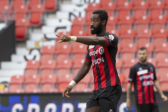 Xamax&#039;s defender Johan Djourou gestures, during the Super League soccer match of Swiss Championship between Neuchatel Xamax FCS and FC Thun, behind closed doors at the Stade de la Maladiere stadi ...