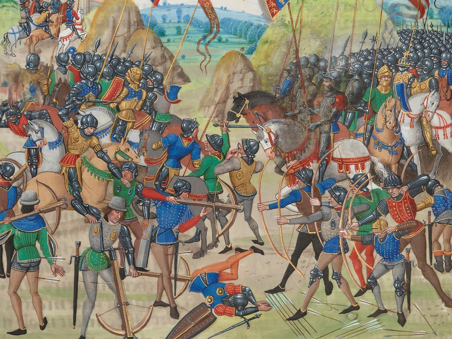 Arbalétriers dans la bataille de Crécy (1346), illustration tirée des Chroniques de Jean Froissart (1337–1405).
https://gallica.bnf.fr/ark:/12148/btv1b84386043/f354.item.r=FR%202643.zoom