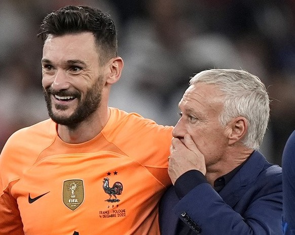 France&#039;s Marcus Thuram, left, France&#039;s goalkeeper Hugo Lloris and France&#039;s head coach Didier Deschamps celebrate winning the World Cup round of 16 soccer match between France and Poland ...