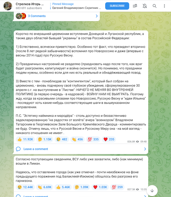 Le «milblogueur» et ultranationaliste politique Igor Girkin, alias «Strelkov», s'est déjà exprimé à plusieurs reprises par le passé de manière critique sur l'action de l'armée russe.