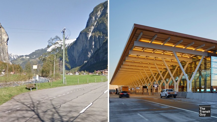 A gauche, la Suisse isolée. A droite, le nouveau terminal de l'aéroport international de Kansas-City.