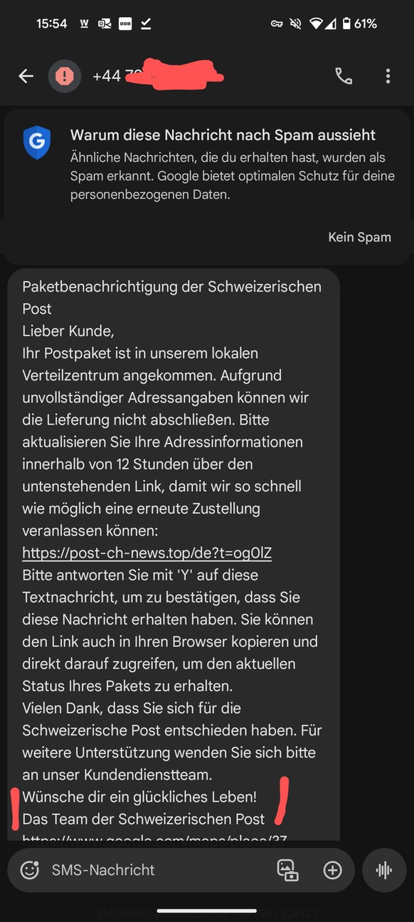 L'escroquerie est reconnaissable, entre autres, au faux indicatif et au lien suspect. Google a identifié le message comme étant un spam.